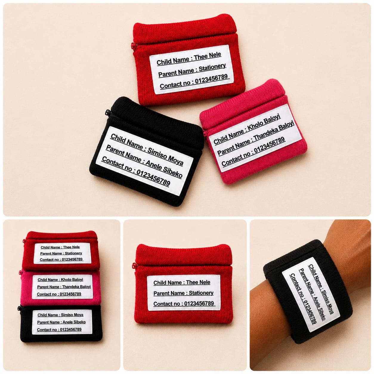 Collage of personalised wristband wallets showing the printed ID label design and how it looks on the wrist