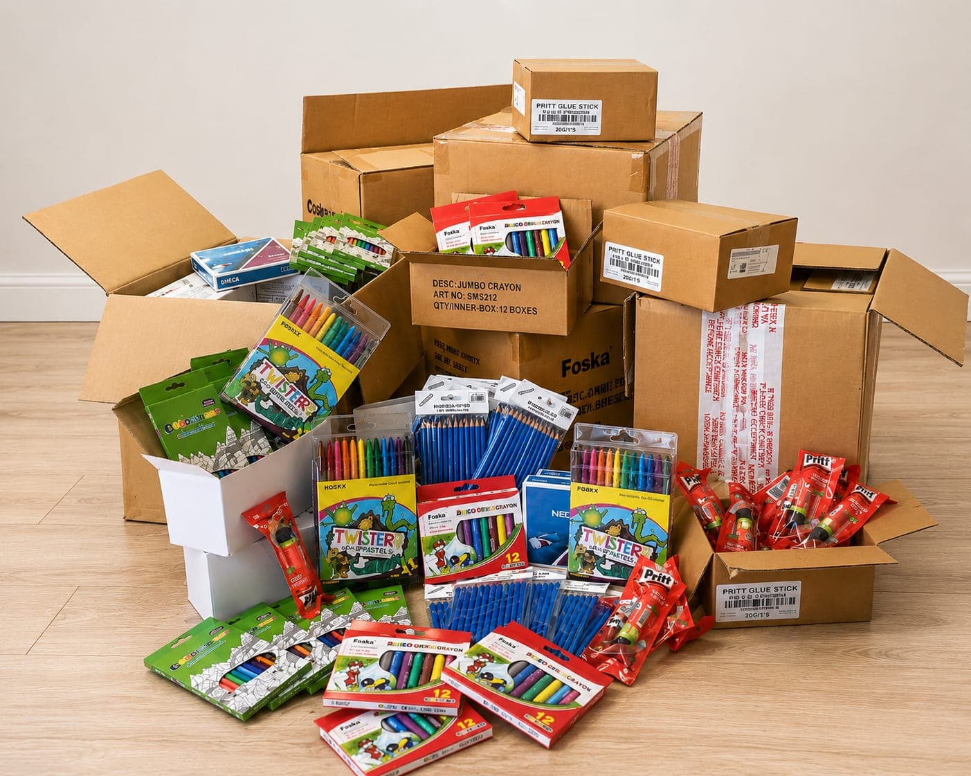 Cartons of Foska wax crayons, Twister oil pastels, colouring books and Pritt glue sticks — a typical Thee Nele bulk school-supply drop.