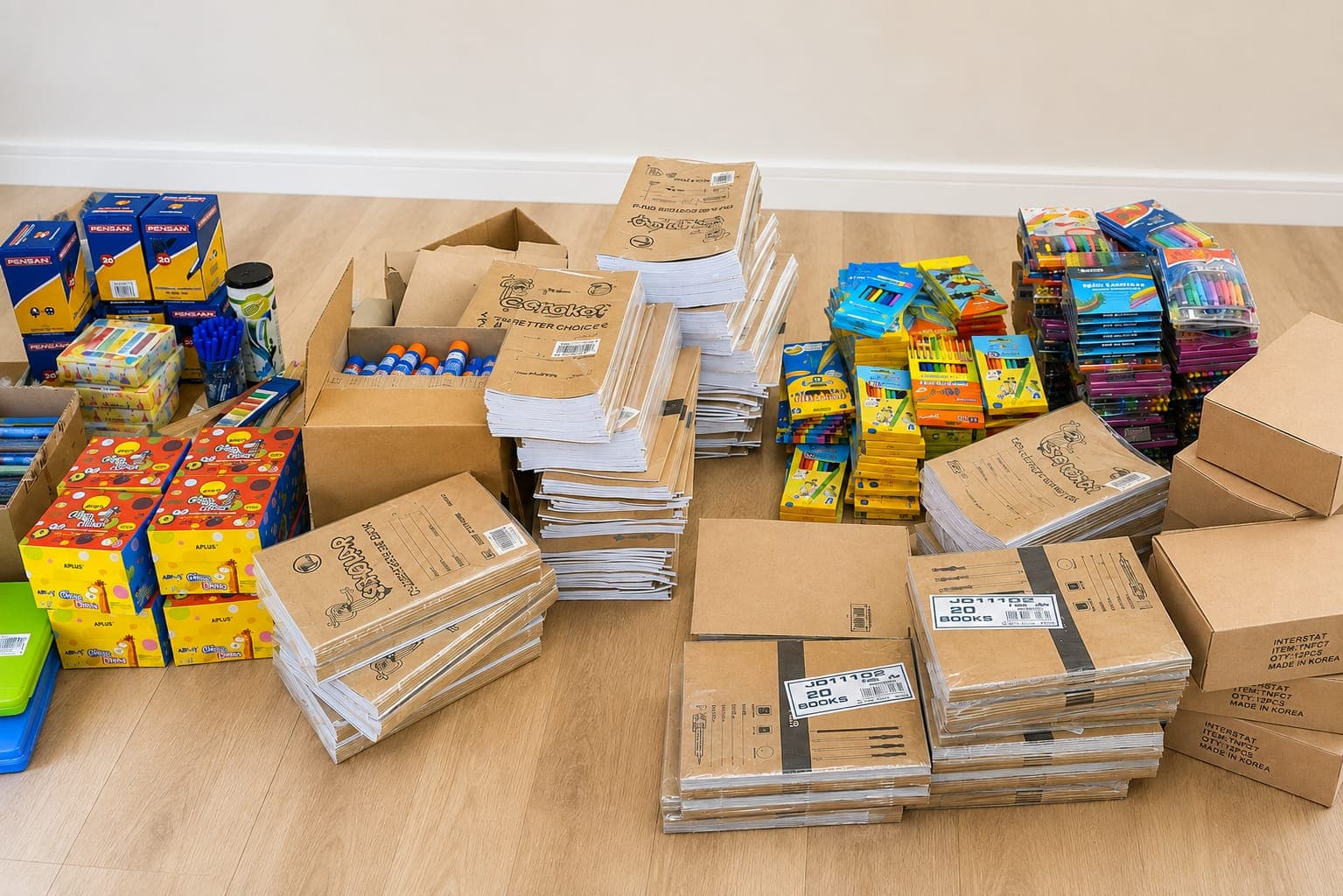An overhead view of a real Thee Nele Stationery bulk order — Pensan pens, exercise books, colouring boxes, crayons, felt pens, glue and correction tape stacked on a wooden floor.