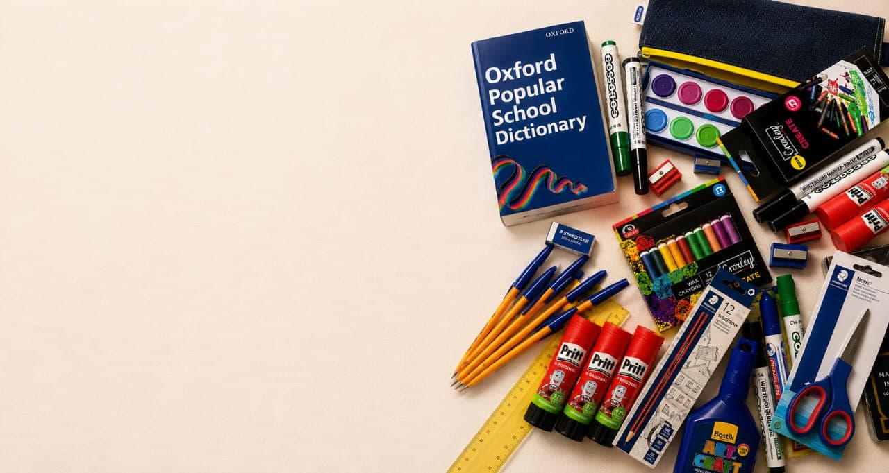 A curated flat-lay of Thee Nele Stationery — exercise books, pencils, wax crayons and waterproof name stickers on warm ivory linen